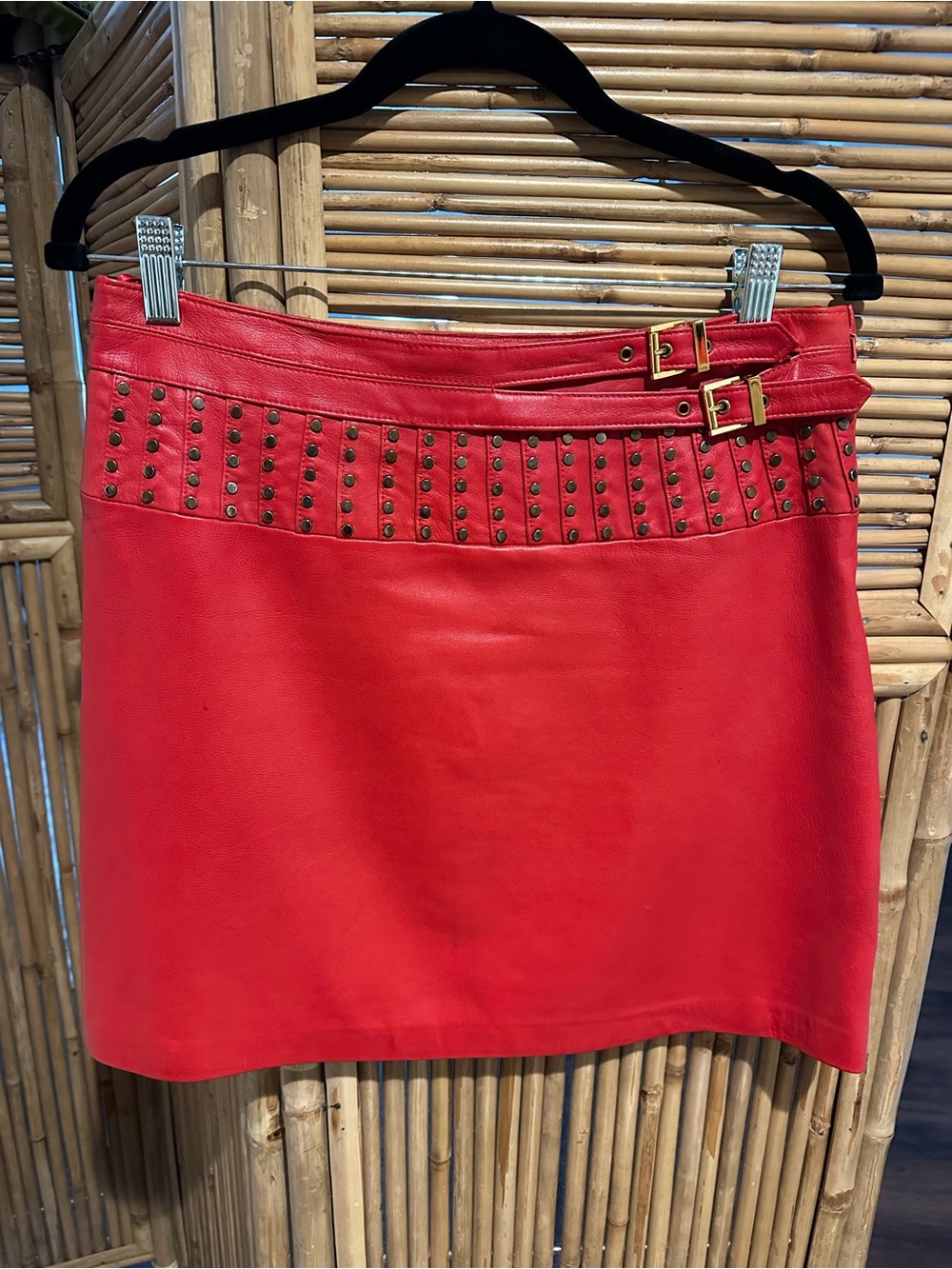 Cache Red Studded Mini Skirt with Double Buckles
